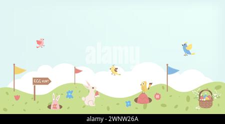 Poster-Vorlage für den Plan zur Ostereierjagd. Karte mit Kaninchen und Eierbanner. Grußkarte für Frühlingsferien. Vektorabbildung. Stock Vektor