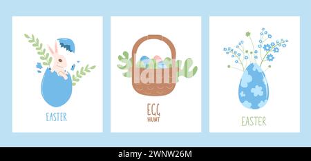 Osterjagd Eier Poster Vorlage mit Dekoration und Text. Kaninchen mit Korbblumen vertikale Banner. Sammlung von Grußkarten für den Frühling. Vec Stock Vektor