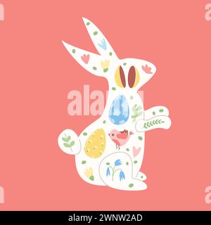 Osterkaninchen-Silhouette mit Dekoration. Hase mit Eiern, Blumen Vögel drin. Symbol für Frühlingsferien. Illustration der Vektorabwicklung. Stock Vektor