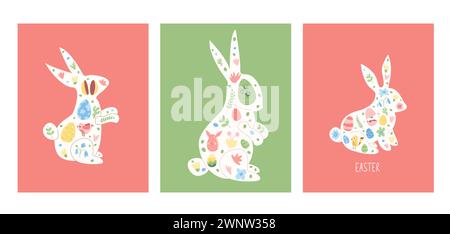 Schablone mit Dekor und Text für die Silhouette des Osterhasen. Kaninchen mit Eiern, vertikale Banner mit Blumen. Sammlung von Frühlingsferien-Grußkarten Stock Vektor
