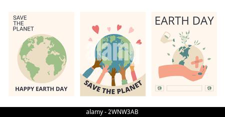 Happy Earth Day Banner Set. Rettet die Retro-Poster des Planeten. Sammlungsvorlagen für Feiertagsgestaltung. Illustration der Vektorabwicklung. Stock Vektor