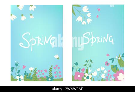 Federhintergründe mit Schriftzug. Abstrakte Bannervorlagen-Kollektion mit Blumen. Zwei Abdeckungen mit Dekoration. Illustration der Vektorabwicklung. Stock Vektor