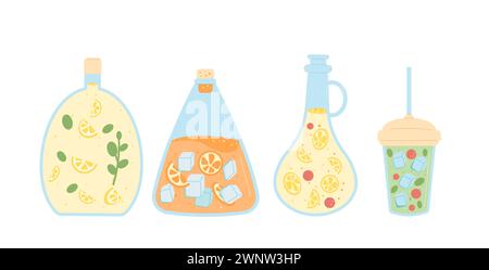 Hausgemachte Softdrink-Set isoliert auf weißem Hintergrund. Saft, Wasser und Limonadenflaschen, Kolben und Glas. Frisches saures und süßes Getränk mit Beeren, Stock Vektor