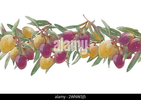 Aquarell-Olivenzweig mit Blättern und grünen Oliven. Handgemalte Blumenillustration isoliert auf weißem Hintergrund für Design, Druck, Stoff Stockfoto