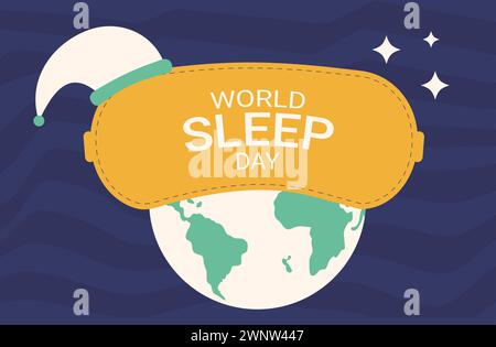 Horizontales Banner für den Weltschlaftag. Erde mit Schlafmasken-Karte. Retro-Poster. Vorlage für Feiertagsgestaltung mit Glop Map. Vektorabbildung. Stock Vektor
