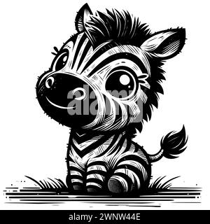 Holzschnitt-Illustration des niedlichen Babyzebras auf weißem Hintergrund. Stock Vektor