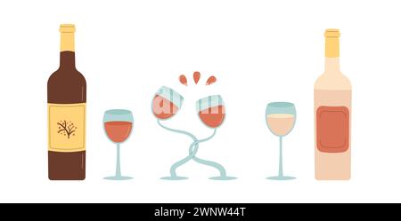 Weinflaschen und Gläser isoliert auf weißem Hintergrund. Alkoholische Getränke für Festveranstaltungen. Illustration der Vektorabwicklung. Stock Vektor