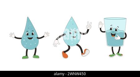 Retro-Cartoon-Maskottchen aus Glas und Wassertropfen. Trinken Sie den Gummischlauch mit riechenden Charakteren. Trinken Sie süß anthropomorph. Ökologische und Wellness-Vektor-Flachkrankheit Stock Vektor
