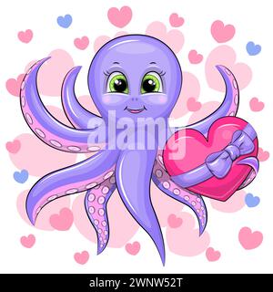 Niedlicher Karikaturkrake, der ein Herz mit lila Schleife hält. Vektorillustration eines Tieres auf einem weißen Hintergrund mit rosa und blauen Herzen. Stock Vektor