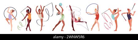 Künstlerisch-rhythmische Turner. Akrobatische Mädchen mit Bändern, Bälle und Basketball, Flexibilität und Leichtigkeit, professionelle Athleten. Sportliche Leistung Stock Vektor