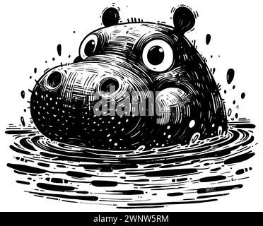 Holzschnitt-Stil-Illustration des niedlichen Nilpferdebabys auf weißem Hintergrund. Stock Vektor