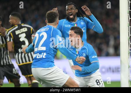 Neapel, Italien. März 2024. Giacomo Raspadoria von SSC Napoli feiert nach einem Tor während des Spiels der Serie A zwischen SSC Napoli und Juventus FC am 3. März 2024 in Diego Armando Maradona in Neapel (italien) Credit: Pacific Press Media Production Corp./Alamy Live News Stockfoto