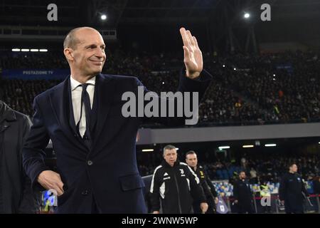 Neapel, Italien. März 2024. Massimiliano Allegri Coack von Juventus FC Gesten während des Spiels der Serie A zwischen SSC Napoli und Juventus FC bei Diego Armando Maradona am 3. März 2024 in Neapel Credit: Pacific Press Media Production Corp./Alamy Live News Stockfoto