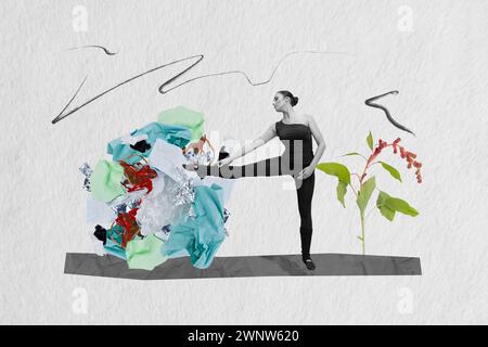 Skizzentrend Composite 3D Collage Foto von schwarz-weißer Silhouette Ballerina junge Dame Praxis Ballett über Müllschutt ökologisches Problem Stockfoto