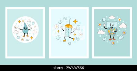 Wasserbanner-Set. Poster mit Retro-Figuren. World Water Day Ecology Holiday Banner mit Gummischlauch Maskottchen. Illustration der Vektorabwicklung. Stock Vektor