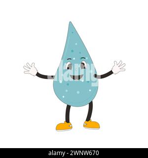 Water Drop Cartoon Maskottchen. Trinken Sie Gummischlauch Animationsstil grooviger lächelnder Charakter trinken Sie mehr Wasser. Ökologische und Wellness-Vektor-flache Illustration Stock Vektor