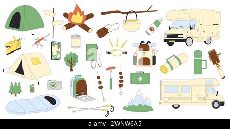 Camping Caravan Set isoliert auf weißem Hintergrund. Wandern im wohnmobil und Zelte. Frühling und Sommer mit dem Auto. Picknick-Kochtour im Wald. Camp Stock Vektor