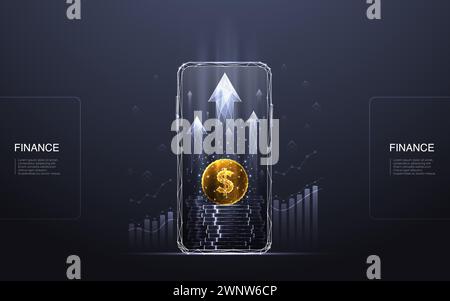 Handy mit goldener Dollarmünze, Münzstapel und Pfeil nach oben. Stock Vektor