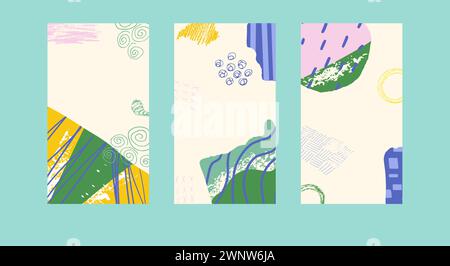 Abstrakte vertikale Hintergründe für soziale Medien. Bannervorlagen mit handgezeichneten geometrischen Elementen. Frühlings- und Sommerbezüge mit Dekora Stock Vektor