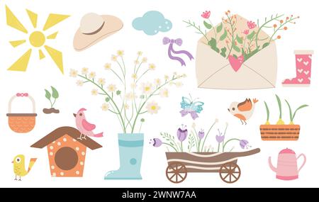 Federelemente Set und Gartenwerkzeuge isoliert auf weißem Hintergrund. Illustration der Vektorabwicklung. Stock Vektor
