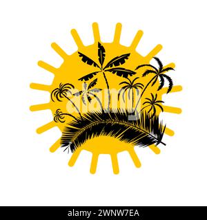Logo Sonne und Palmen. Hallo Sommer. Handzeichnung. Nicht AI. Vektorabbildung Stock Vektor