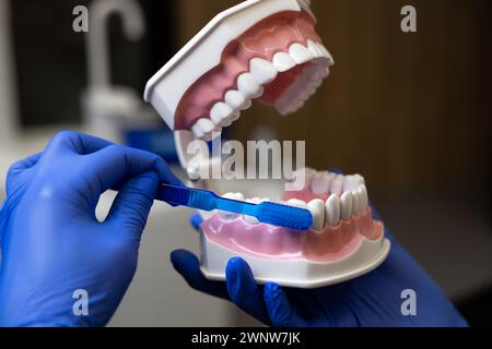 Arzt, der das menschliche Kiefermodell in der Hand hält und den Prozess des Zähneputzens zeigt Stockfoto