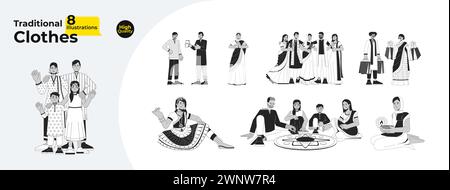 Multikulturelles diwali-Volk Schwarzweiß-Zeichentrickfilm flache Illustration Bundle Stock Vektor