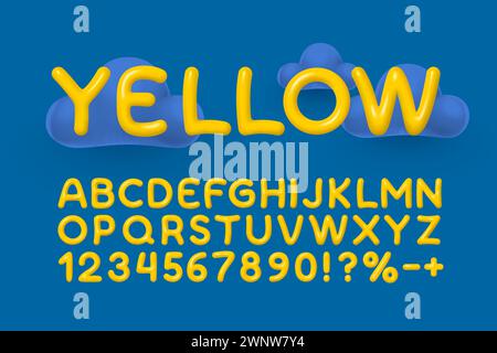 Gelbe Wolken. Englisches Alphabet und Nummernzeichen. Vektor Stock Vektor