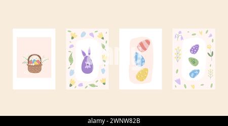 „Happy Easter“-Poster legen Vorlagen fest. Kaninchen mit Eiern, Korb mit Blumen und Rahmen vertikale Banner. Sammlung von Grußkarten für den Frühling. Vektor Stock Vektor