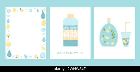 Trinken Sie mehr Wasserkarten-Set. Banner und Rahmen für alkoholfreie Getränke. Bleiben Sie mit Feuchtigkeit versorgt. Kunststofffrei, nur Glas. Illustration der Vektorabwicklung. Stock Vektor