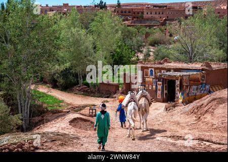 AIT BENHADDOU MAROKKO - 12. MÄRZ 2022: Männer und Kamele spazieren am 12. März 2022 an einem Touristenladen in Ait Benhaddou, Marokko, vorbei Stockfoto