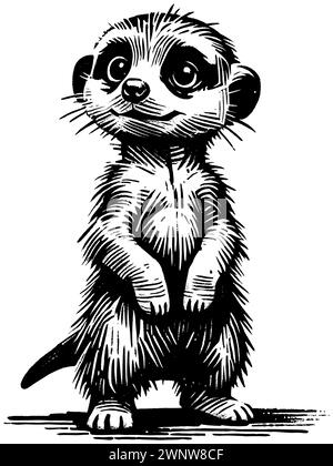 Holzschnitt-Stil-Illustration des niedlichen Baby-Erdmännchen auf weißem Hintergrund. Stock Vektor