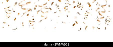 Elegantes goldenes Konfetti und Sterne isoliert auf weißem, sauberem Hintergrund, perfekt für Festthemen, festliche Dekorationen, Weihnachtsverkäufe und Stockfoto