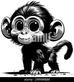 Holzschnitt-Stil-Illustration des niedlichen Babypavians auf weißem Hintergrund. Stock Vektor