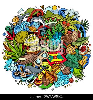 Vektor lustige Kritzelillustration mit Grenada Thema. Lebendiges und auffälliges Design, das das Wesen der nordamerikanischen Kultur und Traditionen widerspiegelt Stock Vektor
