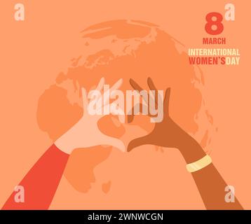 Zwei Hände von Frauen verschiedener Nationalitäten und Hauttöne machen ein Herzzeichen mit der Erdkugel im Hintergrund. Begrüßung zum internationalen Frauentag Stock Vektor