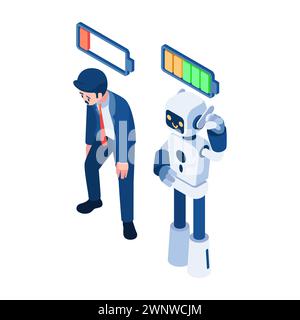 Flacher isometrischer 3D-Geschäftsmann-Roboter mit niedriger Batterie im Vergleich zu Roboter mit voller Energie. Ai Robot Übernimmt Human Job Concept. Stock Vektor