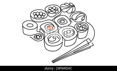 Vektordurchgehende einzeilige Zeichnung von Sushi-Rollen in Silhouette auf weißem Hintergrund. Linear formatiert. Stock Vektor