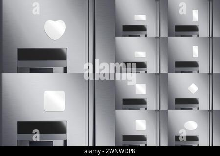 Leerer weißer Magnet am Modell des Kühlschranks, verschiedene Formen, Vorderansicht, 3D-Rendering. Leeres Leimherz, Quadrat, Rechteck, runde Magnete verstellen sich. sti löschen Stockfoto