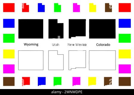 Bundesstaat Wyoming, Utah, New Mexico und Colorado (Vereinigte Staaten von Amerika, USA oder USA) Silhouette und Umrisskarte, Nuevo México Stock Vektor
