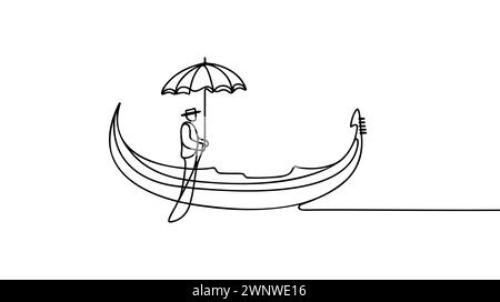 Durchgehende einzeilige Zeichnung des Gondelsymbols in Silhouette auf weißem Hintergrund. Linear formatiert. Stock Vektor