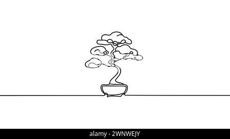 Eine Linie kontinuierlicher Bonsai. Minimaler Baum im Pot-Banner. Strichgrafik, Silhouette, Kontur, Vektorillustration. Stock Vektor