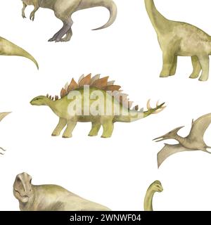 Nahtloses Aquarellmuster mit Illustration eines Dinosauriers. Für Kinderzimmer Dekor, Tapete, Textil Stockfoto