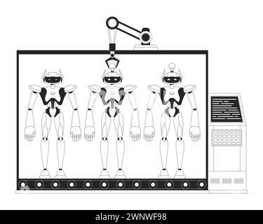 Fertigungsroboter Schwarzweiß-Zeichentrickfiguren in 2D-Linien Stock Vektor