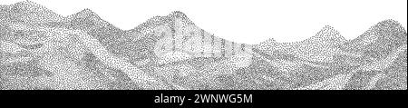 Schwarze Rauschpunkte, ein Sandkorneffekt. Graustufenvektor Halbtonpunkte Hintergrund mit einem verblichenen Punkteeffekt, der einer abstrakten Berglandschaft ähnelt. Stock Vektor