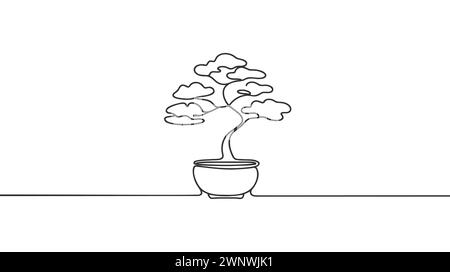 Eine Linie kontinuierlicher Bonsai. Minimaler Baum im Pot-Banner. Strichgrafik, Silhouette, Kontur, Vektorillustration. Stock Vektor