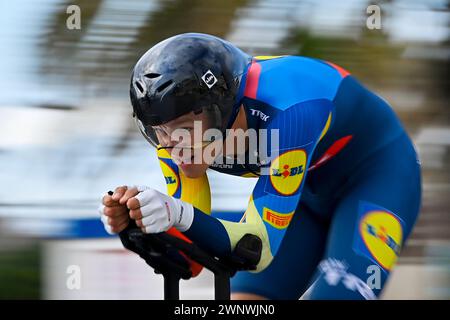 Lido Di Camaiore, Italien. März 2024. Jonathan Mailand (Lidl-Trek) im Einsatz während des 59. Tirreno-Adriatico 2024, Stage 1, ein 10 km langes Einzelzeitfahren von Lido di Camaiore nach Lido di Camaiore - ITT - am 04. März 2024 in Lido di Camaiore, Toskana. (Foto: Fabio Ferrari/LaPresse) Credit: LaPresse/Alamy Live News Stockfoto