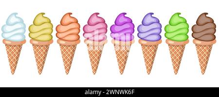 Ein Set Eis mit verschiedenen Geschmacksrichtungen in Waffelkegeln. Vektorillustration isoliert auf weißem Hintergrund. Stock Vektor