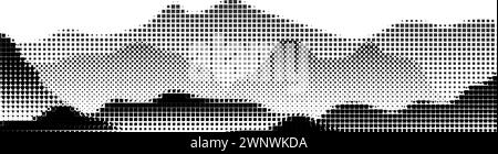 Schwarze Rauschpunkte, ein Sandkorneffekt. Graustufenvektor Halbtonpunkte Hintergrund mit einem verblichenen Punkteeffekt, der einer abstrakten Berglandschaft ähnelt. Stock Vektor