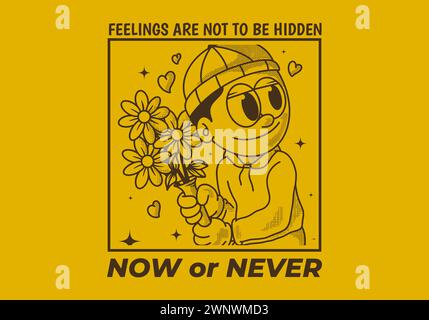 Jetzt oder nie. Vintage-Illustration eines Beanie-Typen, der eine Blume hält Stock Vektor